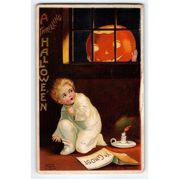 Halloween Postcard Ellen Clapsaddle Ye Ghost Stories Book Candle JOL 978 Germany - Picture 1 of 2